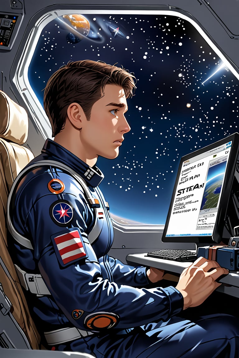 inside space shuttle, 1boy, short dark hair, looking up, muscular fit body, pilot suit, hands on computers, sitting by the window, sad expression, space station outside,  side view, 