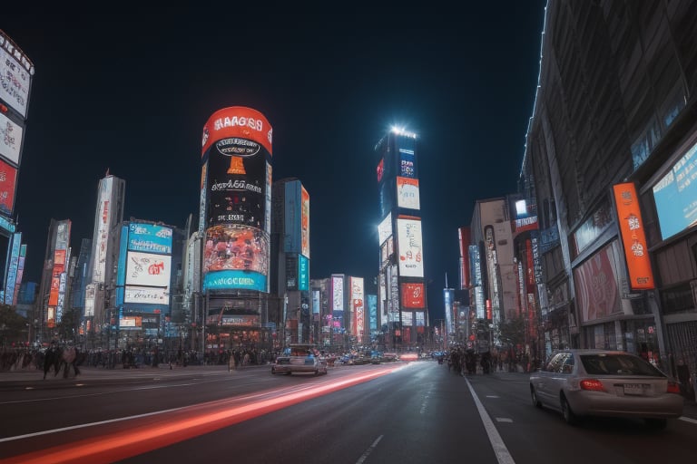 A futuristic cityscape (Tokyo) at night with towering skyscrapers adorned with neon lights, bustling streets with flying cars and holographic advertisements, dark sky illuminated by a full moon and stars, a lively and vibrant atmosphere full of energy and excitement, Photography, captured with a high-resolution camera with a wide-angle lens