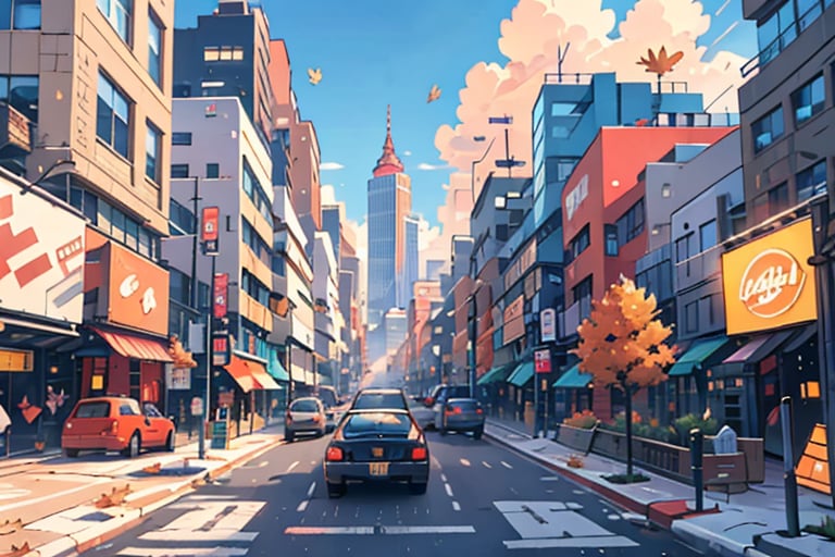 A serene autumn afternoon scene: a brilliant blue sky with puffy white clouds stretches above the urban landscape. A cityscape unfolds below, with towering skyscrapers and bustling streets. A sleek car navigates the road, flanked by a building with a neon sign and a lamppost casting a warm glow. Autumn leaves carpet the ground, while a tree stands tall in the distance. In the foreground, a motor vehicle sits idle at a crosswalk, awaiting its turn to merge into the flow of city traffic.