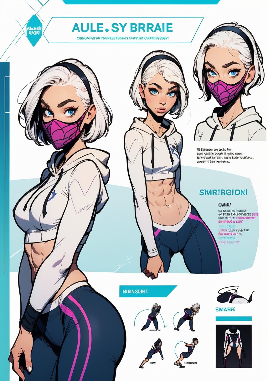 More Detail, Detailedeyes, Detailedface, (1 girl, young female, white hair, short hair, blue eyes, curvy, 
 small breasts, nice ass, slim thighs, wide hips, abs), (spider-gwen suit, face mask, hoodie, hairband), BREAK (Infographic drawing, The concept character sheet, Multiple sexy poses)