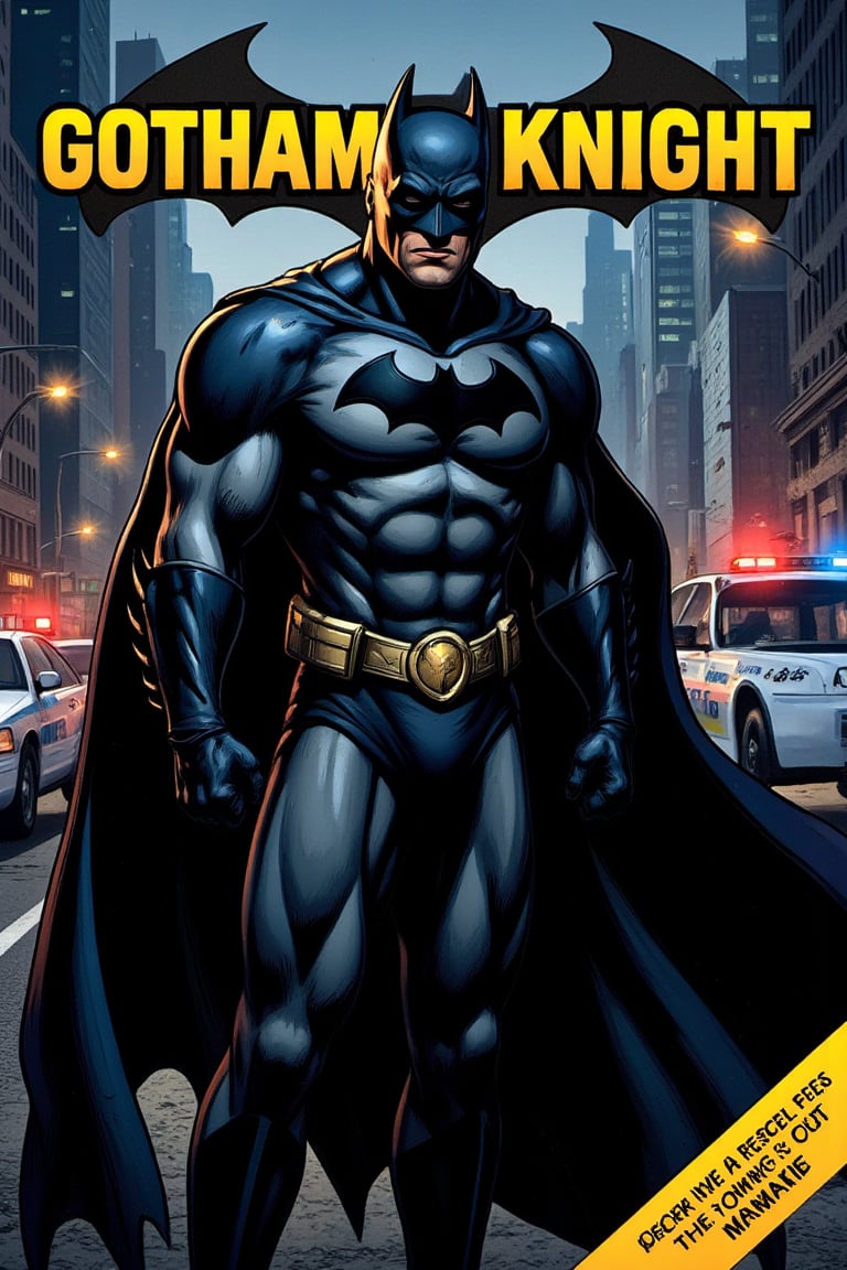 Magazine cover art titled as "GOTHAM's KNIGHT", dedicated for the Batman, standing, action pose, police car in background, hyper detailed, ((best image)), ((best quality)), ((masterpiece:1.2)), 8K UHD