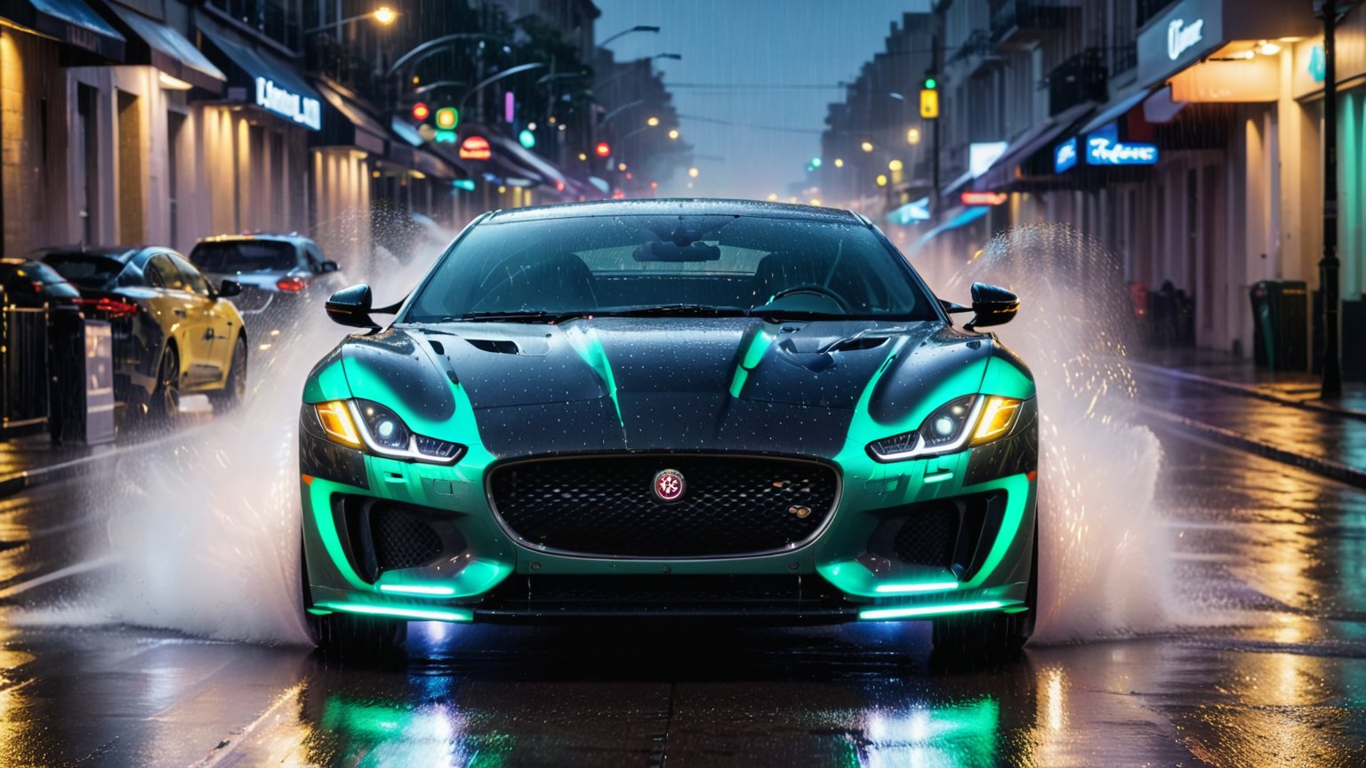 wallpaper featuring a Jaguar supercar racing through the rain-soaked streets of a city at night, with neon lights reflecting off the wet pavement and raindrops streaking past the car's headlights, capturing the thrill of a nighttime downpour