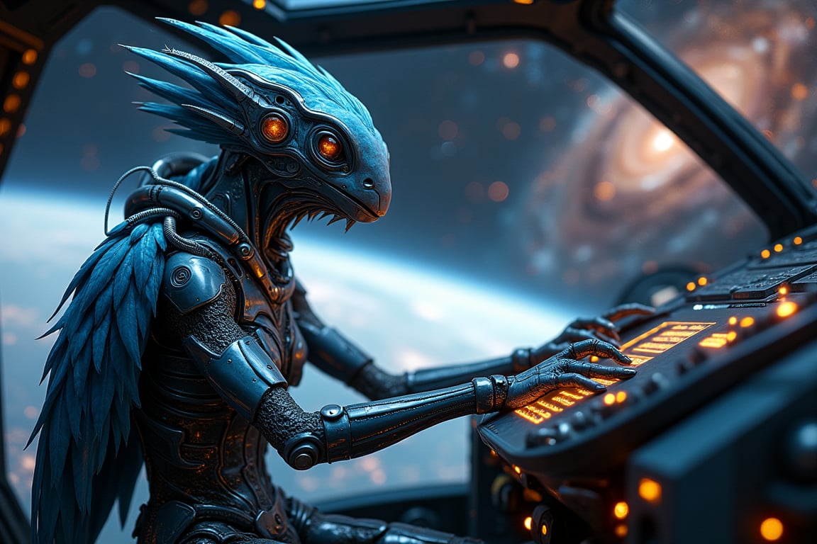 in space,  an alien bird-like creature wearing an intricate and advanced space suit operates the controls of a futuristic...