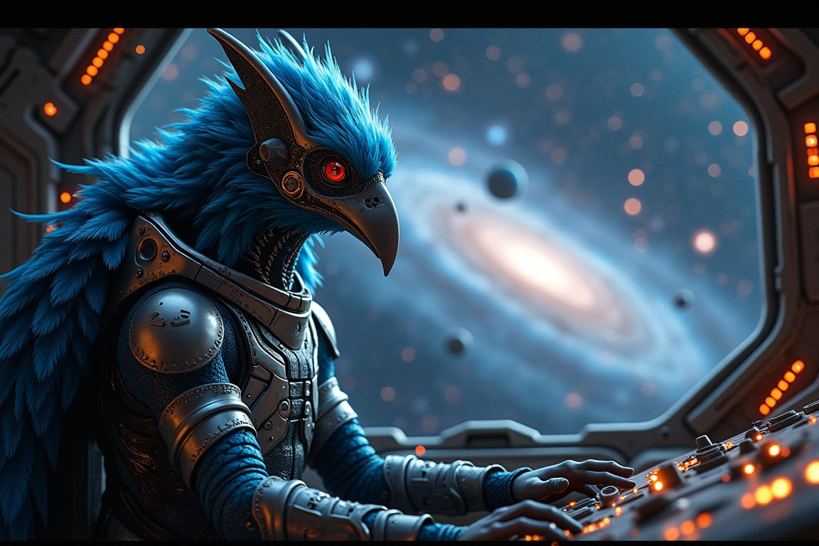 in space,  an alien bird-like creature wearing an intricate and advanced space suit operates the controls of a futuristic...