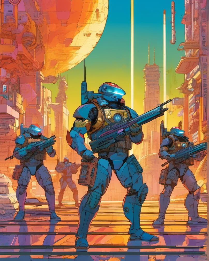 In a dystopian cyberpunk future, a mesmerizing propaganda poster beckons viewers to enlist in the military. Combining the gritty art style of Frank Frazetta with the futuristic flair of Moebius, the image features a cybernetically enhanced soldiers, clad in sleek, reflective armor and wielding cutting-edge weapons. The intricate detailing, vivid colors, and dynamic composition elevate this digital painting to a level of unparalleled artistry, capturing the essence of a war-torn, technologically advanced world with stunning precision., cyberpunk art, auto-destructive art, soldiers and mech fight, berserk art style, image comics, metal gear movie still