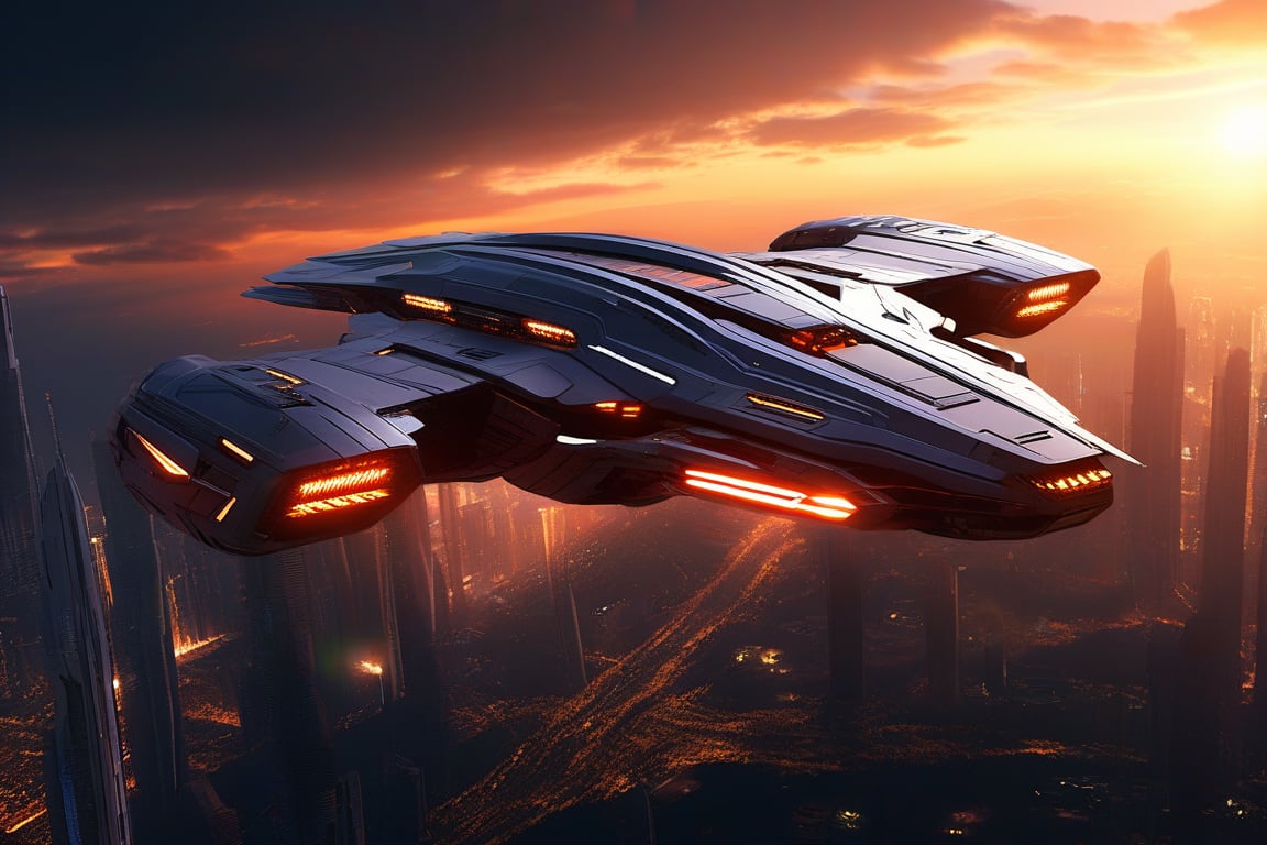 High detailed, realistic photo of starship, flying over a futuristic city, front view, sunset, 8k, stunning image, realistic textures, cinematic scene, ((masterpiece: 2)), light particles, 
ek_ph0t0_b00ster,ek_real_b00ster,ek_art_b00ster,ek_raz0r_cre5t,ek_rcr3ar