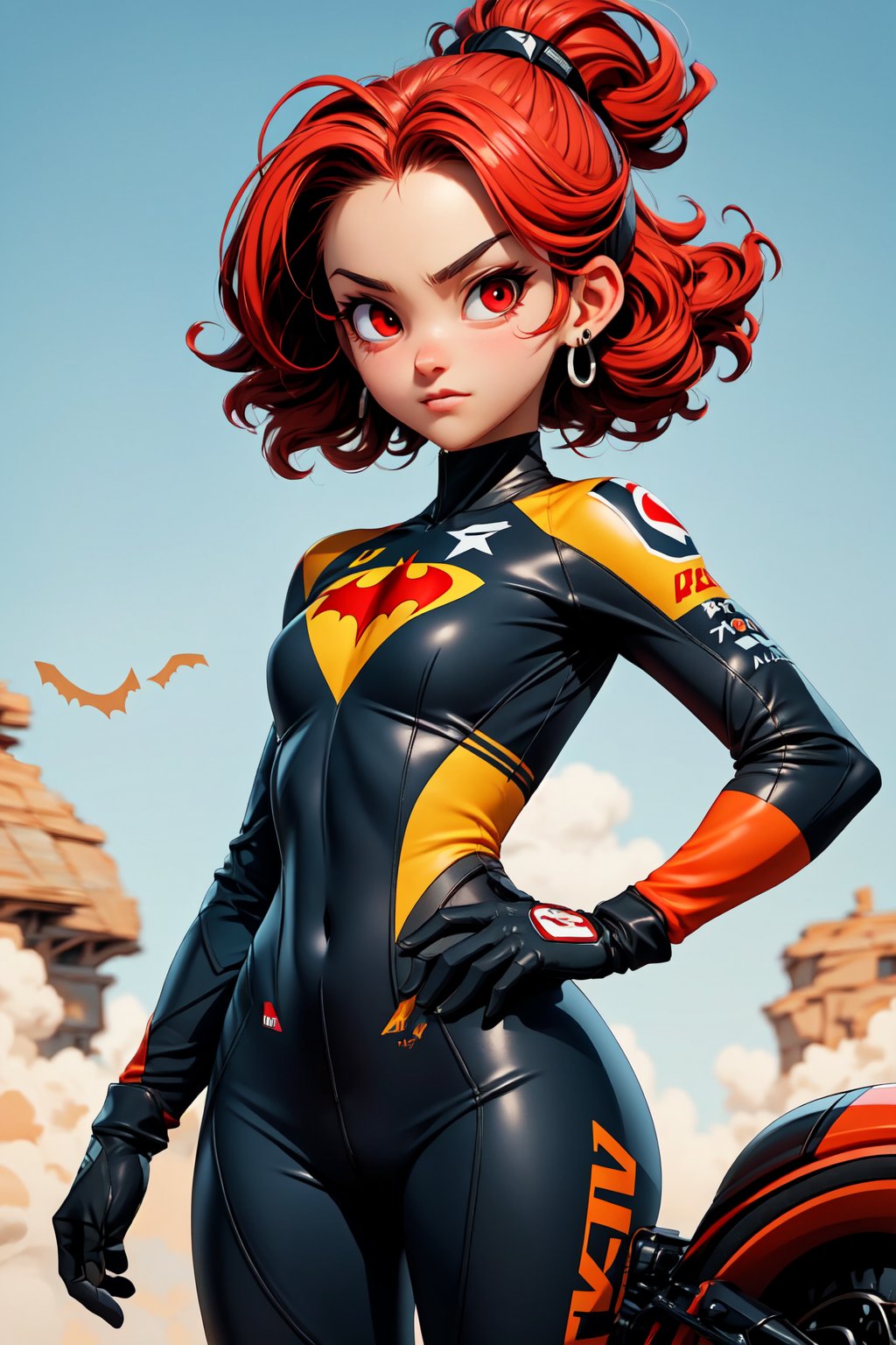 (best quality), (UHQ, 8k, high resolution), Generate a pixel art masterpiece featuring a solo anime girl with a sporty, moto-inspired aesthetic. The character boasts vibrant, electric red hair, and her red eyes gleam with intensity. Dressed in a cutting-edge MotoGP racing suit with batman logos, she strikes a dynamic and confident pose. The atmosphere should convey a thrilling sense of speed and victory, with the character radiating charm and charisma, subtly expressing a connection with the viewer. Ensure the pixel art is of ultra resolution, adopting a dynamic aspect ratio, and capturing the essence of 'simple --niji' and 'kpop girl' styles. Emphasize the character's forehead, sleek physique, and infuse the scene with an energetic and endearing expression. sports_bike