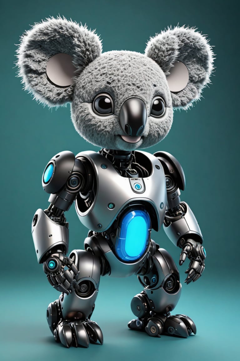 illustration, ultra-detailed, (cute koala robot), a koala robot in bright, black and blue, in full size. Every detail of the robot's design, from its rounded edges to its expressive eyes, sitting, is meticulously rendered with ultra-realistic precision. looking side ways, green background