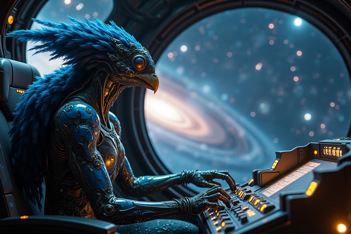 in space,  an alien bird-like creature wearing an intricate and advanced space suit operates the controls of a futuristic...