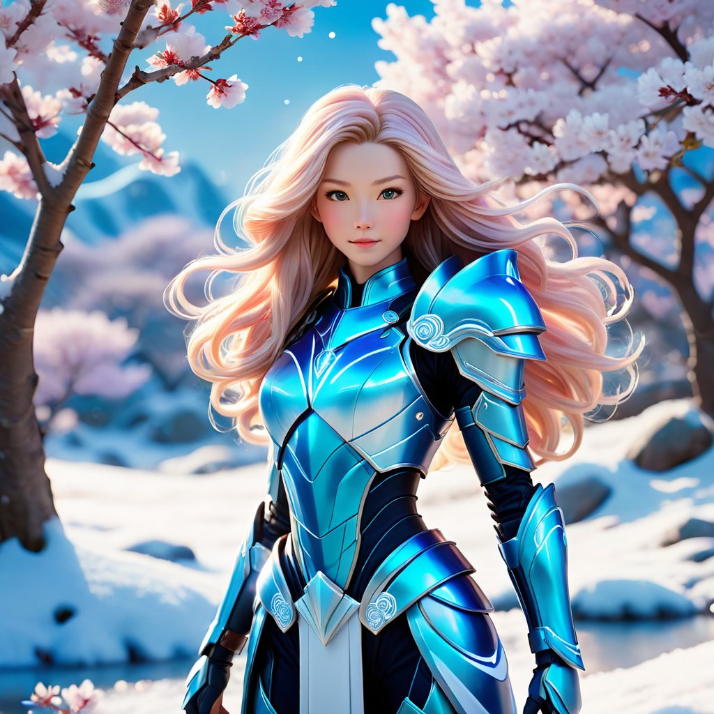  The image presents a strikingly vibrant scene set in a serene, snowy landscape. In the foreground, a character with long, flowing hair is clad in futuristic, polished armor with blue and white hues that reflect the surrounding environment. The armor is intricately designed with sleek contours and illuminated with subtle blue lighting, suggesting advanced technology. The character is holding a transparent orb that encases a miniature, sparkling figure, which appears to be a source of mystical energy. Behind the character, cherry blossom trees in full bloom add a splash of soft pink to the palette, contrasting with the crisp whites and blues of the snow and ice. A large, celestial body hangs low in the sky, casting a gentle light over the scene and enhancing the magical atmosphere. The entire setting is bathed in a radiant glow, with the vivid colors of the armor and the environment creating a sense of wonder and exotic beauty.,3D