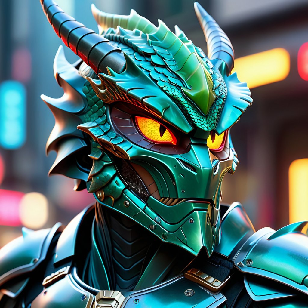 "Create a hyperrealistic digital portrait of a futuristic character wearing a full dragon helmet with neon eyes and dragon...