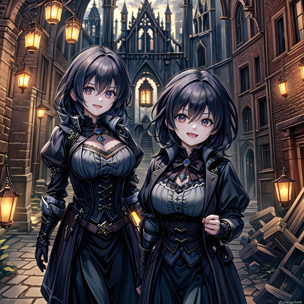 Gothic hutaornd, masterpiece, best quality,   picturesque Gothic Ruins. With a mischievous expression on his face,  The gothic female and Her  mischievous smile and mischievous look reflect his playful and energetic personality. The atmosphere of the GothicRuins is reflected in the details of the 
 ruins and hanging lanterns that decorate the cityscape.
,incredibly absurdres