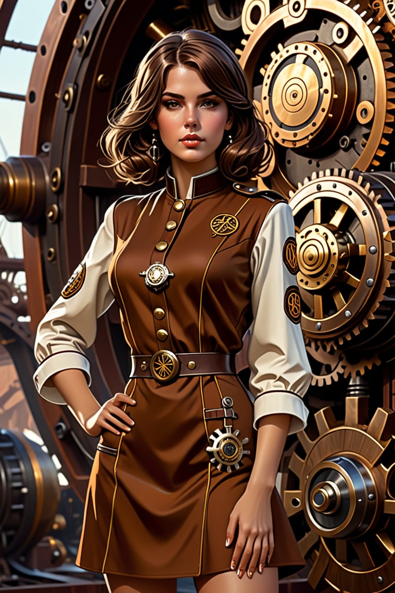 Sexy outfit full body, Portrait of a girl in 
 tunic, loose brown hair, dieselpunk, aristocrat, model face, max detailing, realism, cogs in the background, monograms on background, Ian McQue style,   strongs colors, (artstation), 8k, intricate details, vintage, retro futuristic style, detailed illustration, side view