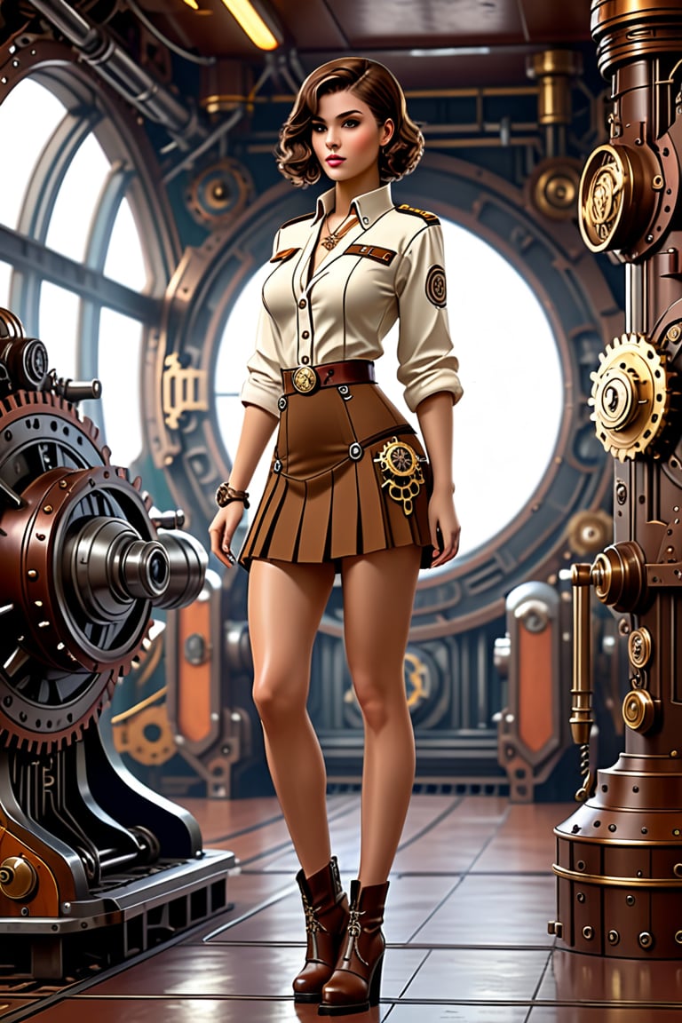 Sexy short skirt panty showing outfit full body, Portrait of a girl in super short mini skirt,
 open 38 dd opened 
tunic, loose brown hair, dieselpunk, aristocrat, model face, max detailing, realism, cogs in the background, monograms on background, Ian McQue style,   strongs colors, (artstation), 8k, intricate details, vintage, retro futuristic style, detailed illustration, side view