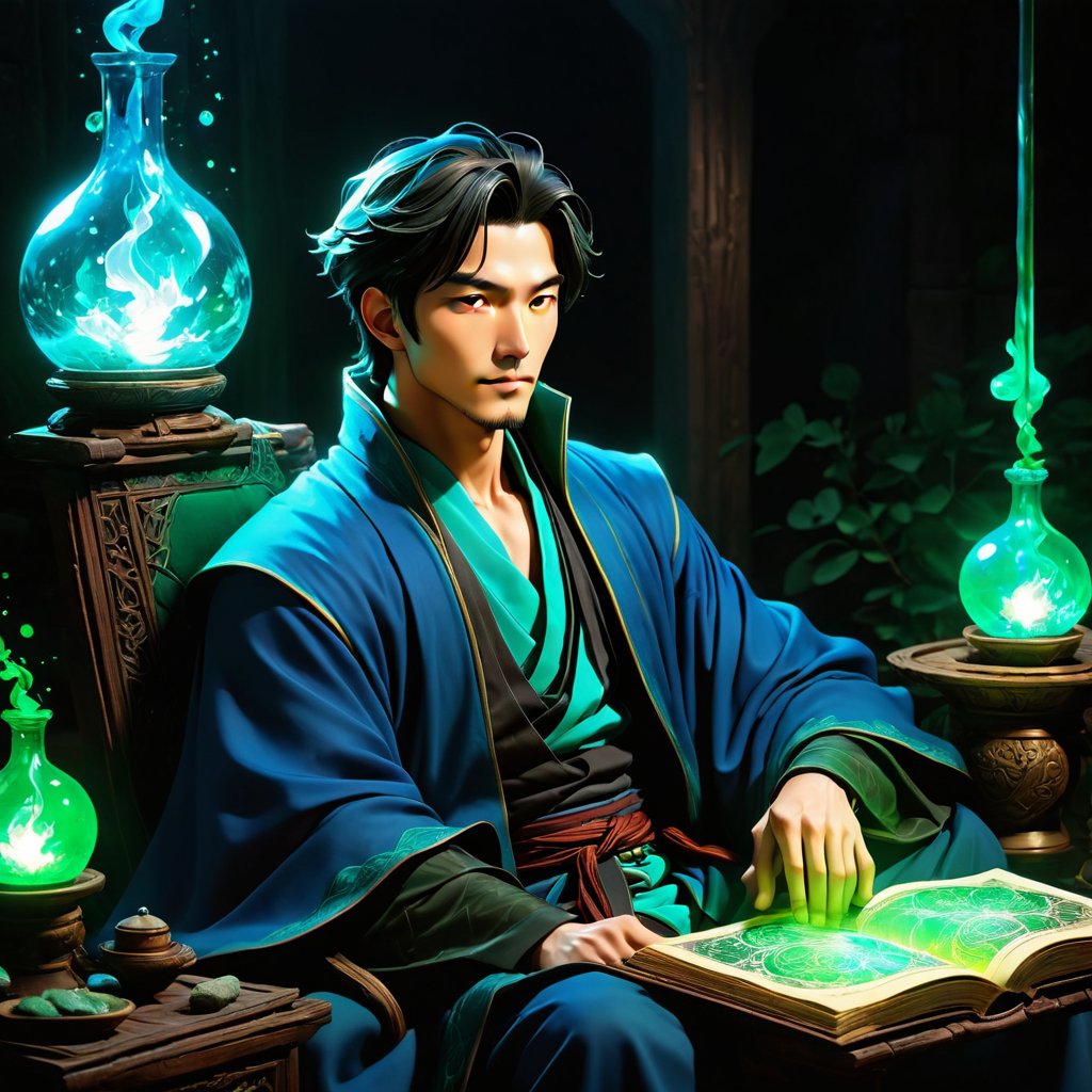  
"Create an image in the style of a dark comic manhua. The scene features a male artisan and alchemist reclining in front of a magical light. The color palette should include shades of blue, black, and green. The lighting should employ chiaroscuro techniques to create dramatic contrasts between light and shadow, emphasizing the mystical and enigmatic atmosphere."
