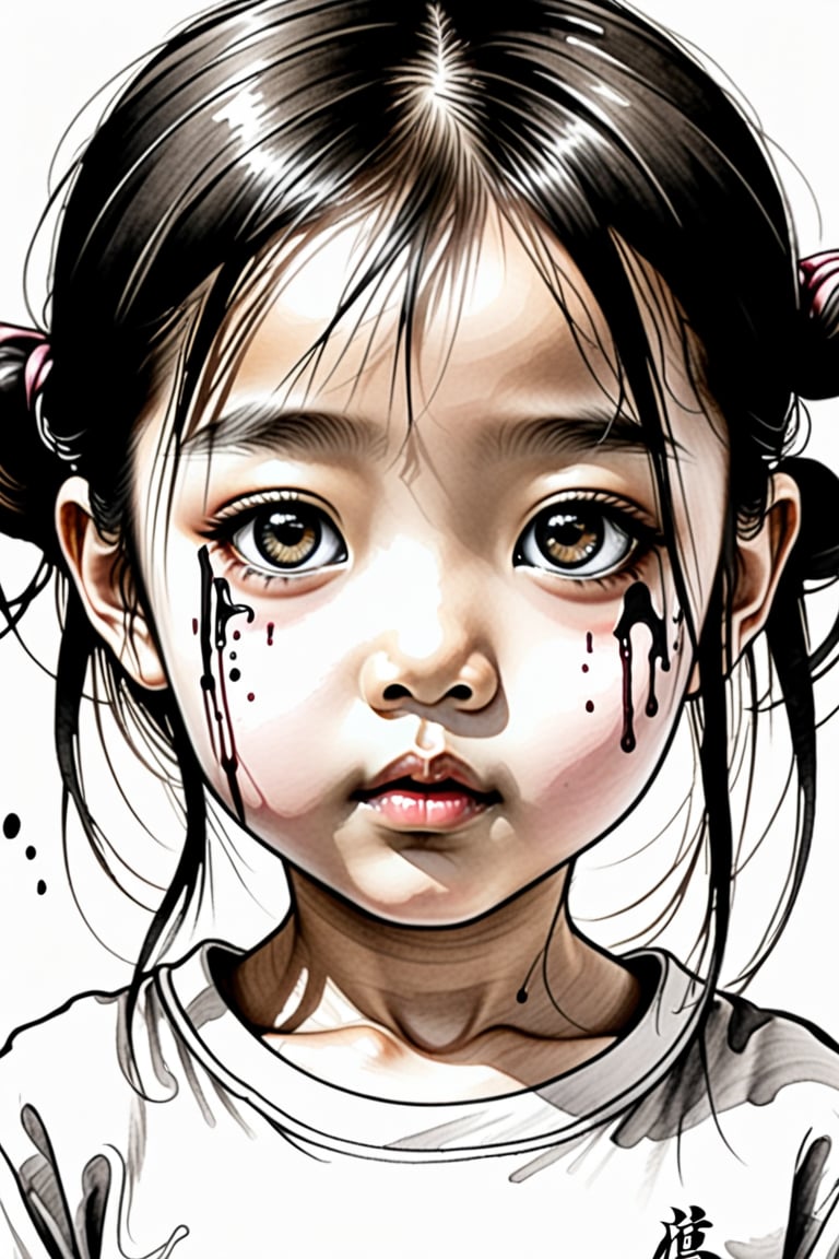 Create a white background with a penciled eye with thick, dark lines and your pupil is kind of melting,Drawing of a little girl ,chinese ink drawing,LegendDarkFantasy,T-shirt design