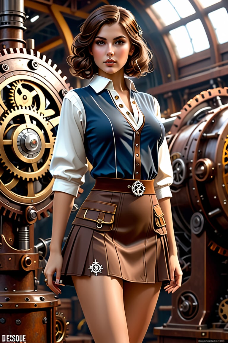 Sexy short skirt panty showing outfit full body, Portrait of a girl in mini skirt,
 open 38 dd opened 
tunic, loose brown hair, dieselpunk, aristocrat, model face, max detailing, realism, cogs in the background, monograms on background, Ian McQue style,   strongs colors, (artstation), 8k, intricate details, vintage, retro futuristic style, detailed illustration, side view