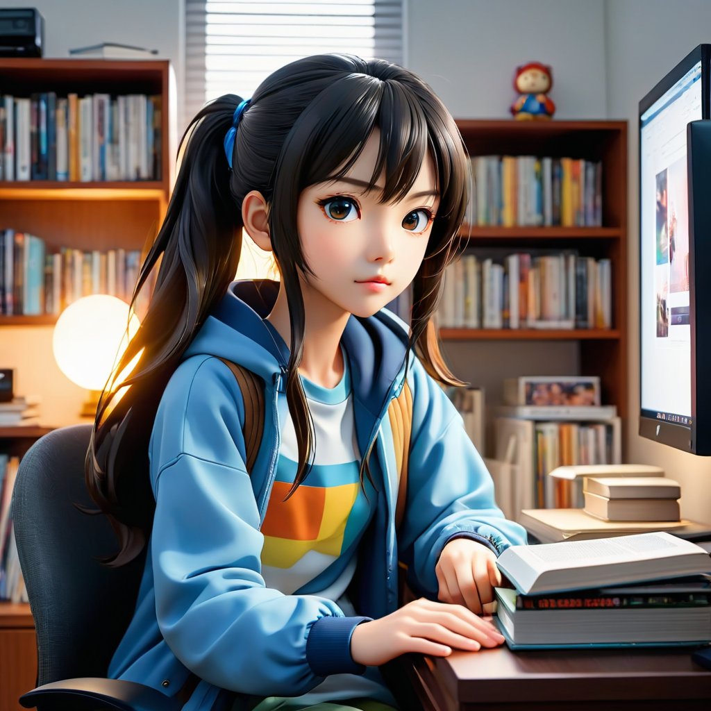 A Anime Female Otaku in room sitting at a computer desk with monitor, a bed, book case full of Manga, pocilean dolls in book cases,pocilean dolls in book cases, realistic, realism, hyperrealism,Art by Akito ,NarimanART ,Belcorno,: Beyonddz ,AJ Putra,Shimamo102, 7680x 4320 1600 dpi ,364k,1 Trillion pixels per inch, realism, Cgi cinema 3d animations double exposure, a clear, accurate and steady created anime character generating an intense aura of energy that the air around him is electrifying, his eyes begin to glow as he builds up his power, sharp focused lines, flickering lighting, flickering shadows, minimalisim anime, vivid coloring, enhanced accurate detailing, art by Katsuhiro Otomo and Paul Pope