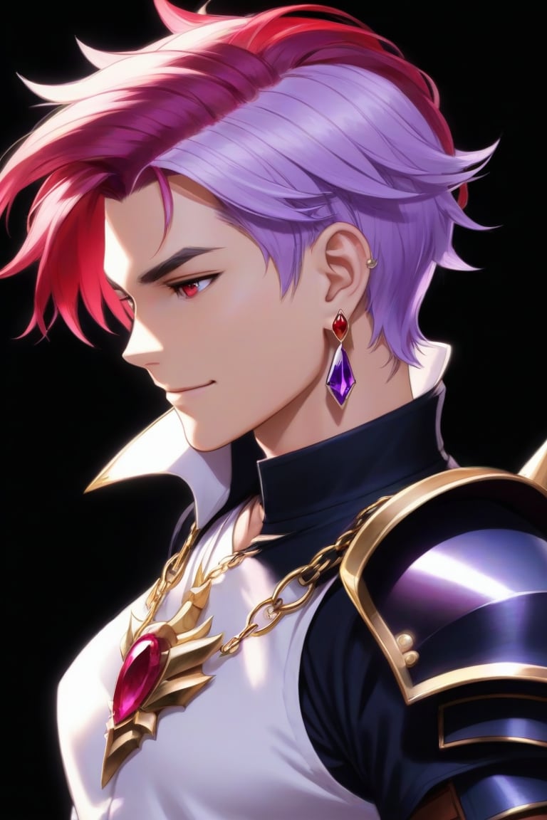 solo, looking at viewer, smile, short hair, bangs, shirt, red eyes, gloves, 1boy, holding, hair between eyes, jewelry, closed mouth, white shirt, upper body, pink hair, purple hair, white hair, male focus, multicolored hair, earrings, black gloves, collared shirt, necklace, armor, collar, two-tone hair, makeup, staff, black background, shoulder armor, gem, spikes, pauldrons, holding staff, red gemstone