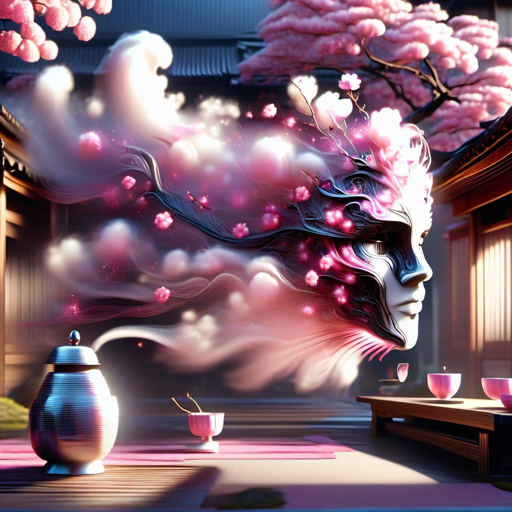 cinematic film still ((BBC Style)) A Futuristic cyborg Geisha Queen sitting in a tea house having tea, in a cherry blossom kimono, setting is cyberpunk

, 4k, Canon EOS R3, hdr, smooth, sharp focus, high resolution, award winning photo, 35mm, wide angle shot, full_length, f2.8, bokeh, in the style of Garry Winogrand – Street Photography