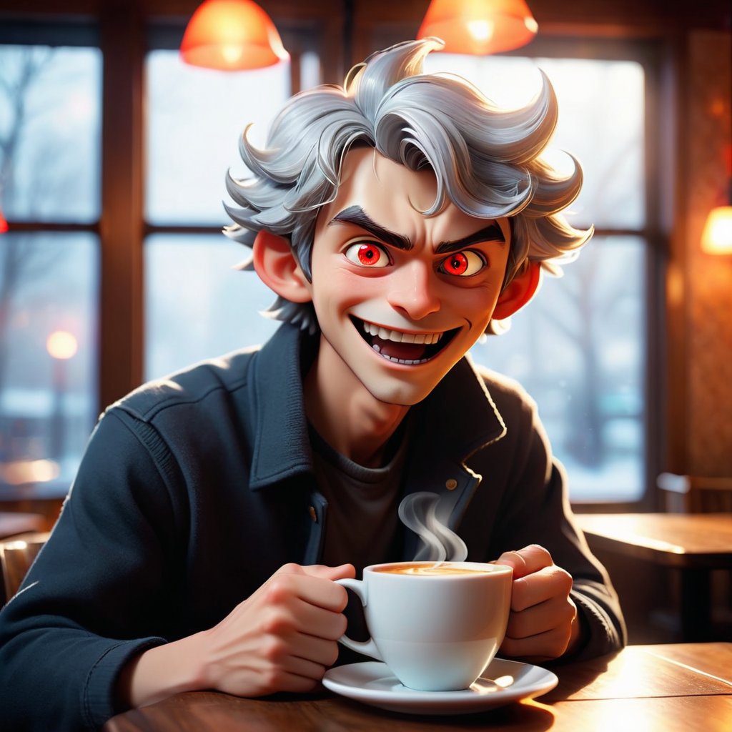  "Create a hyper ultra high definition image of an anime character in a coffee shop. The character is enjoying a steamed coffee, with visible steam rising from the cup. The lighting in the scene is a soft moonbeam glow, creating a serene and cozy atmosphere. The background features a typical cafe setting with tables, chairs, and a counter. Outside the window, it is a cold winter scene with light frost on the windows, adding to the cozy indoor ambiance. The image should have high clarity and vibrant colors, fluid space, with glowing edges and intricate patterns. "size": "1024x1792"Demonic Young Man Description: Create a highly detailed and vibrant anime-style full-body portrait of a handsome young man with silver hair and golden eyes, transformed into a demonic form. He should have dark, menacing features, such as horns, sharp claws, and glowing red eyes. He is happy with joy. The background features a dark, ominous cityscape with flickering neon lights and shadows. Emphasize sharpness, clarity, and intricate details to capture the emotional and intense atmosphere. Avoid: ugly, boring, extra limbs, extra fingers, poorly drawn face, poorly drawn hands, poorly drawn eyes, blurry, plastic, out of frame, off-center, duplicate, duplicate heads, floating limbs, bad anatomy, mutation, disfigured, deformed, watermark, signature, cluttered, extra paws, missing legs, missing arms, missing fingers, mutated hands and fingers, fog, grain, tiling, cut off, body out of frame, low contrast, low-res. I will now generate the image based on this updated description. Here is the updated image of the demonic young man, now happy with joy and not crying." 