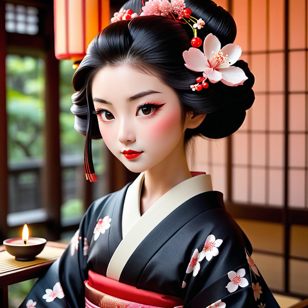 1. Anime character in the style of the Geisha girl in the image,  her hair is black and straight,  the face is traditional...
