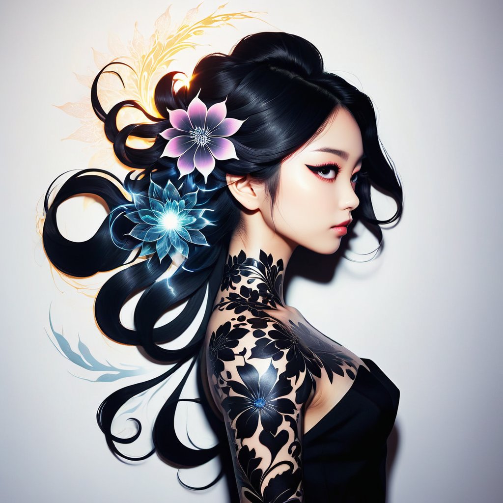  art by (artist name), Double exposure silhouette, side profile silhouette of dark ornamental flower magic tattoo Create an image of a Hashira with jet-black hair and intense eyes, radiating an electric aura of power that exceeds even the Upper Rank 1 Demon. This piece should be done in the Koyoharu Gotouge art style, with an abstract aura