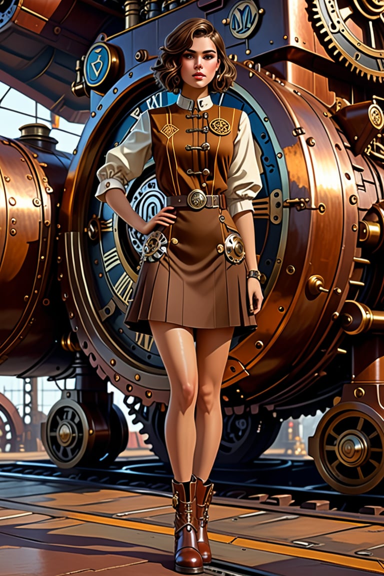 Sexy short skirtpanty showing outfit full body, Portrait of a girl in 
 tunic, loose brown hair, dieselpunk, aristocrat, model face, max detailing, realism, cogs in the background, monograms on background, Ian McQue style,   strongs colors, (artstation), 8k, intricate details, vintage, retro futuristic style, detailed illustration, side view