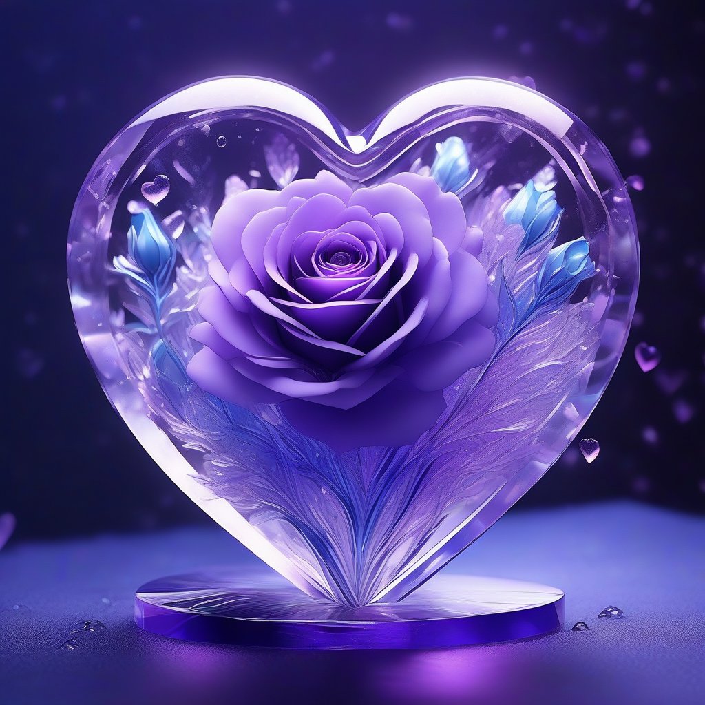 Create a hyper-detailed, otherworldly digital illustration featuring a heart-shaped glass sculpture with purple, glass-like petals. The sculpture boasts extreme high gloss, adorned with extreme water droplets from a light rain, capturing vivid, bold colors. Presented in an orthographic view, the intricate, sharp-focused composition showcases heart-shaped blue and violet roses, bathed in cinematic lighting for a dreamy, magical effect.