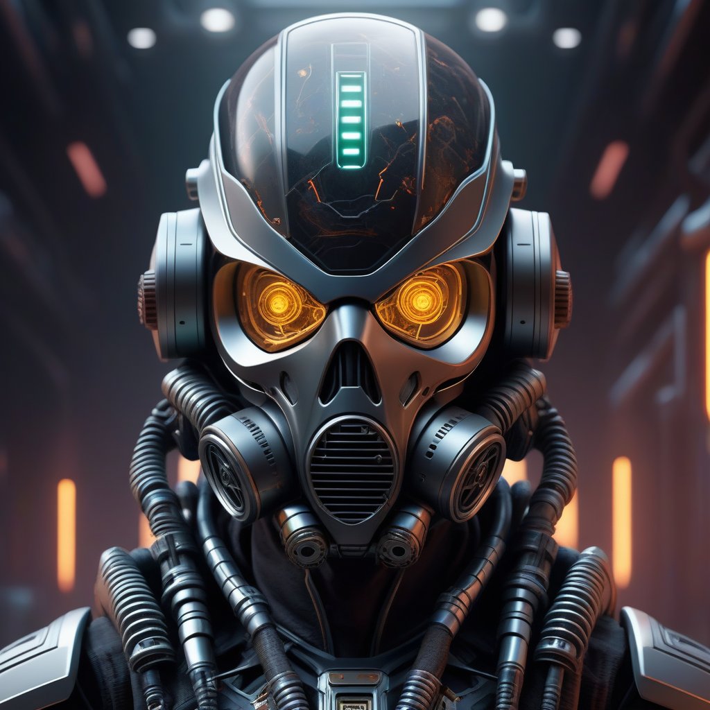 Create a hyper-realistic, high-detail image of a NECROMECHANICS Hellbound Heart alien humanoid, featuring a mix of medieval rags and futuristic LEDs on armor. The character, a blend of zombie, terminator, and cyborg, sports demonic eyes, a gas mask, and sci-fi gadgets helmet. The intricate, abstract artwork, rendered in Octane, showcases symmetrical composition, detailed body parts, and a UFO in the background. Influenced by artists like Tooth Wu, Wlop, Beeple, and Greg Rutkowski, this cinematic key art is trending on ArtStation.