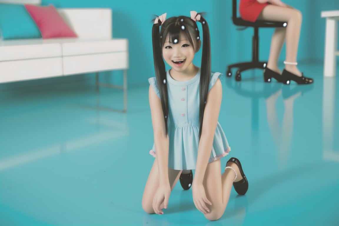 a baby, girl, kindergarten, Asian, long black hair, hairstyle in two pigtails, blue preschool uniform, black shoes, white anklets, kneeling on the ground, happy face, height_108_c.m.