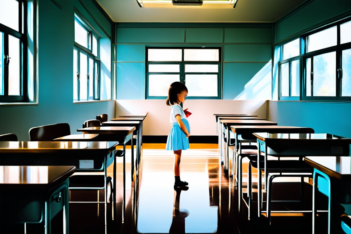 cute girl baby, standing, school room