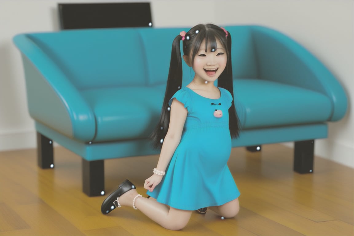 a baby, girl, kindergarten, Asian, long black hair, hairstyle in two pigtails, blue preschool uniform, black shoes, white anklets, kneeling on the ground, happy face