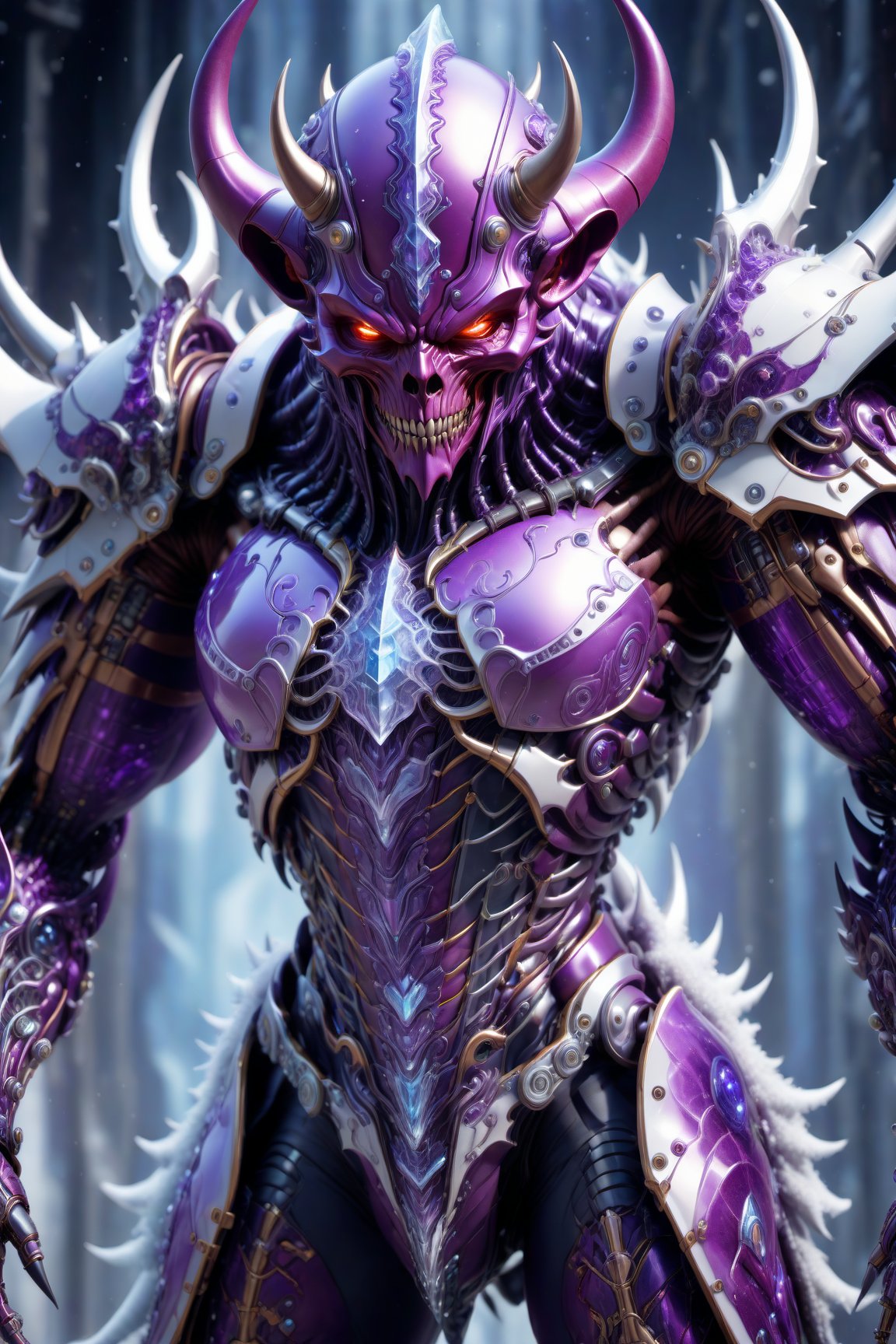 A biotech purple winter cyborg devil covered in detailed intricate mystic ice tech armor, splash art, fractal art, colorful, a winner photo award, detailed photo, Arnold render, 16K,cyborg style,biopunk style