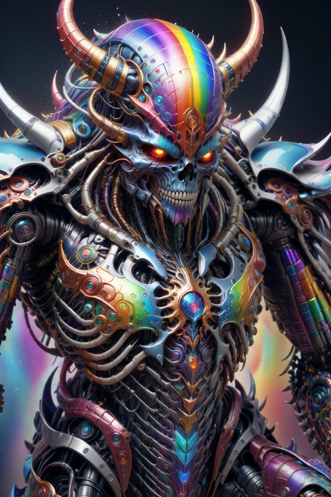 A biotech rainbow cyborg demon covered in intricately detailed mystical rainbow tech armor, splash art, fractal art, colorful, award winning photo, detailed photo, Arnold render, 16K, cyborg style, biopunk style