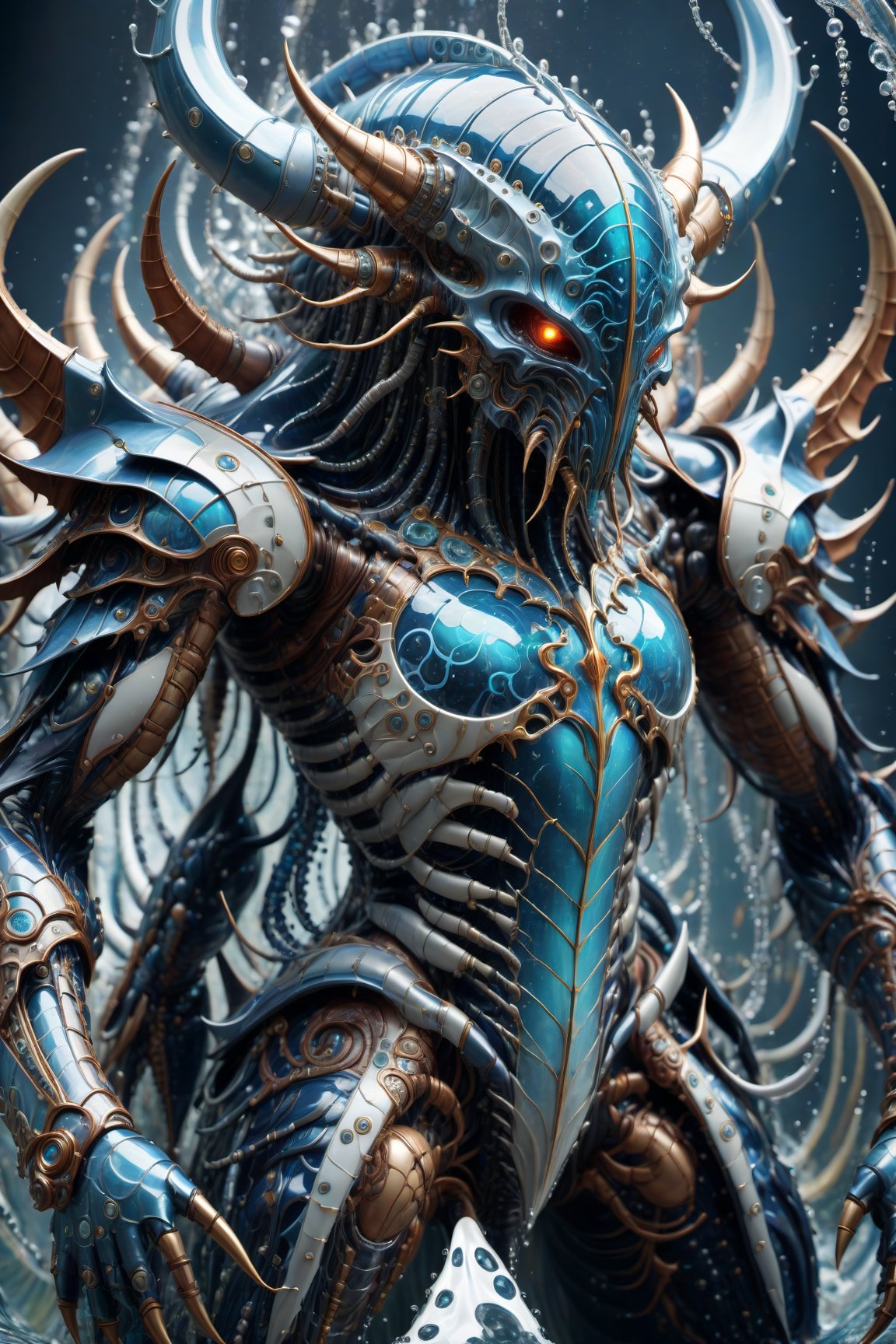 A biotech natural water cyborg demon covered in intricate and detailed mystical water technology armor, splash art, fractal art, colorful, an award winning photo, detailed photo, Arnold render, 16K, cyborg style, biopunk style