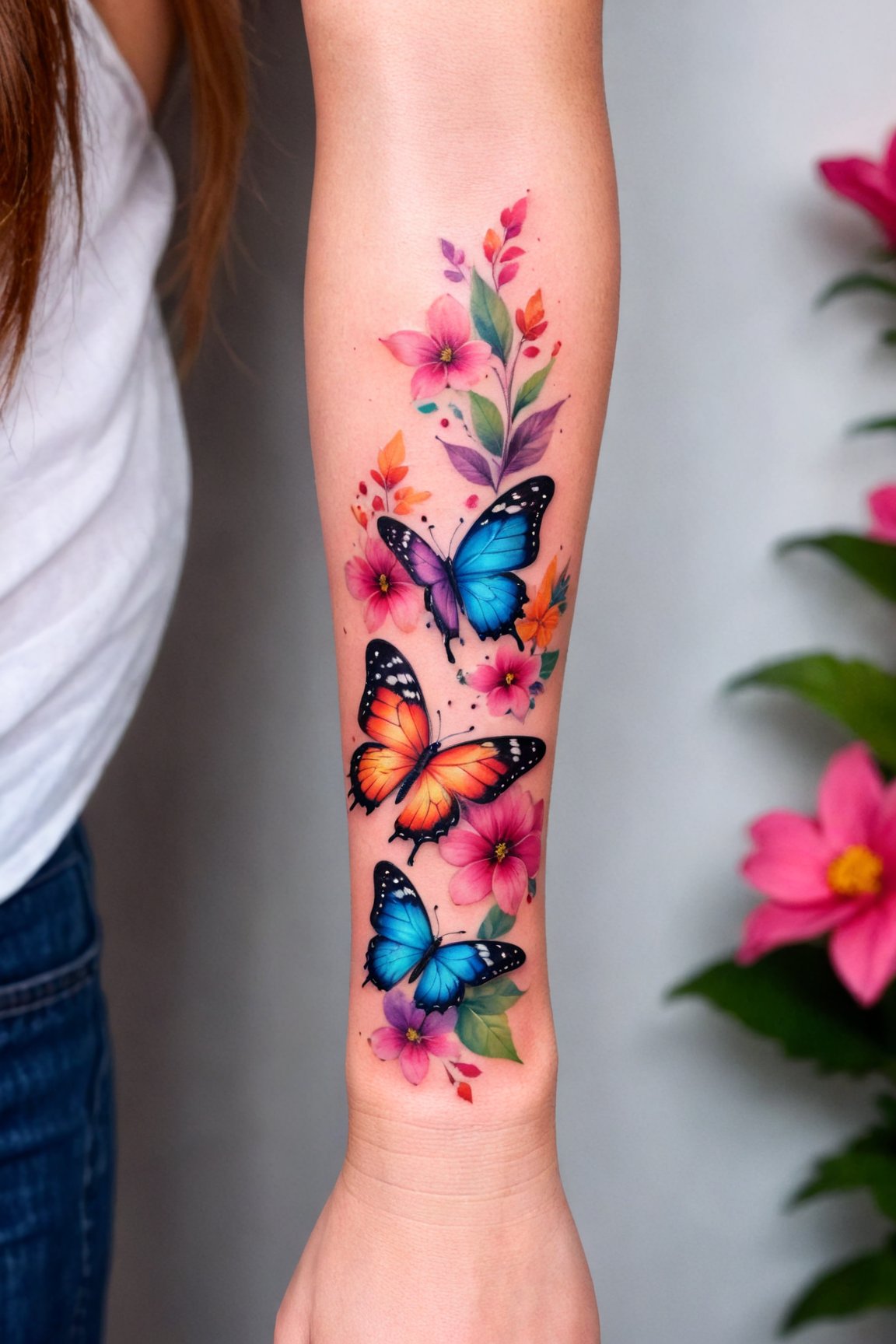 Wrist Tattoo, Tattoo Design, a woman's arm with a colorful butterfly tattoo on the left side of her arm, with flowers and leaves in the background