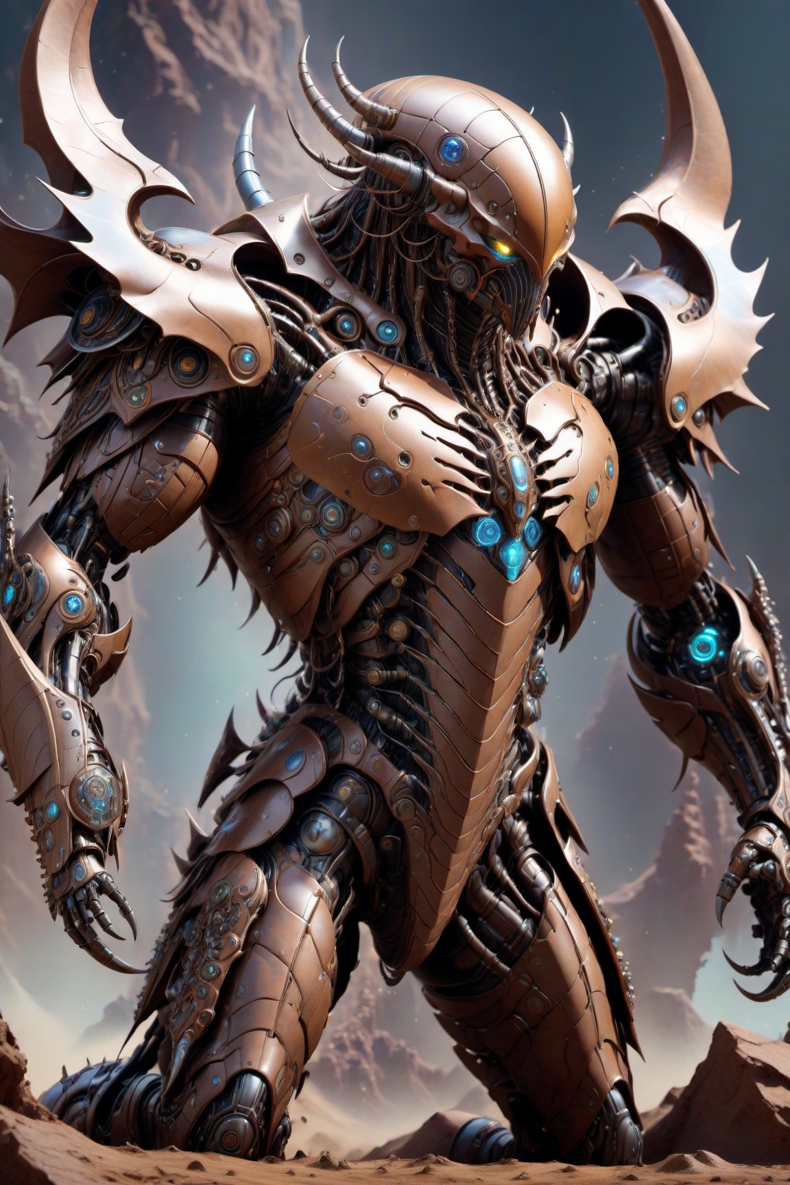 A biotech natural brown earth cyborg demon covered in intricate detailed mystical earth technology armor, splash art, fractal art, colorful, award winning photo, detailed photo, Arnold render, 16K, cyborg style, biopunk style