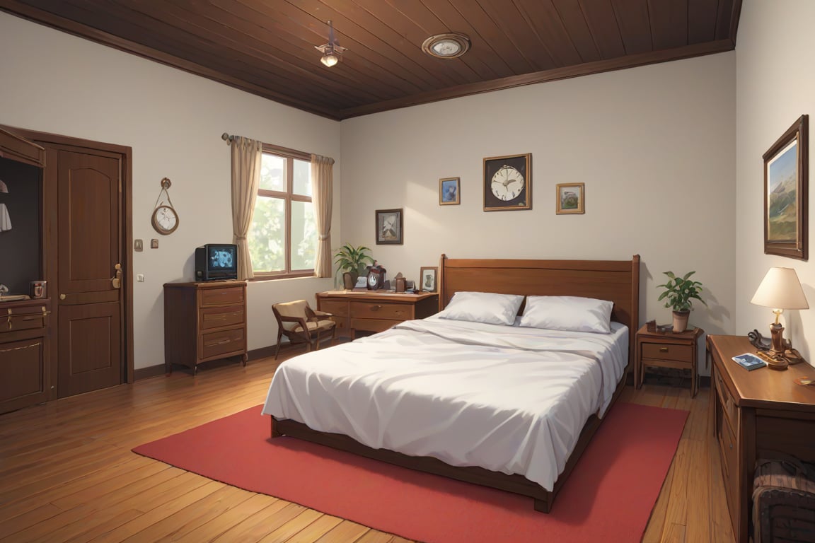 Anime room, brown colour, red mat, normal bed, chair , clock