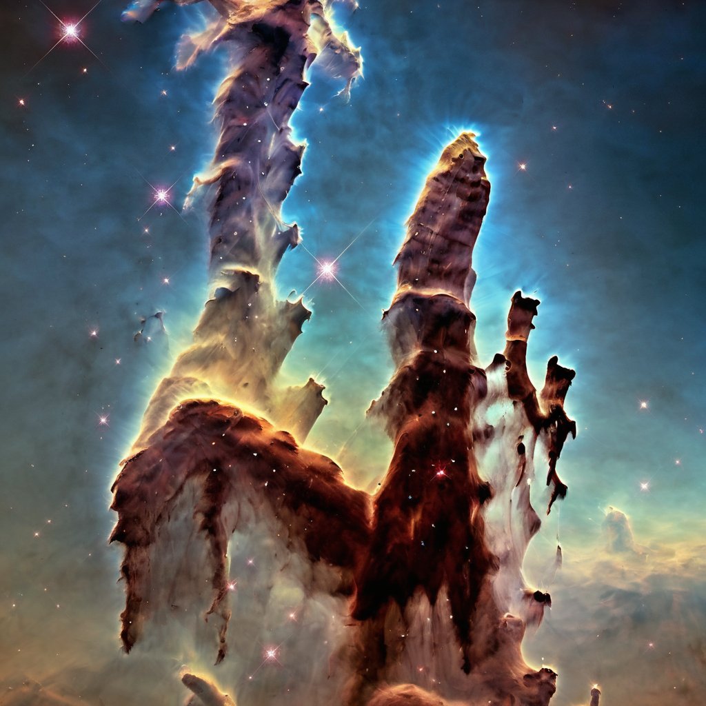 (The Eagle Nebula, situated in the Serpens constellation, is renowned for its majestic "Pillars of Creation." These towering columns of interstellar gas and dust stand as grandiose monuments to cosmic artistry. The hyperdetailed beauty of the Eagle Nebula unveils intricate, ethereal clouds set against the stellar backdrop, where new stars emerge from the cosmic tapestry), 8k octane render, high detail, masterpiece, hyperdetailed, intricate details, 