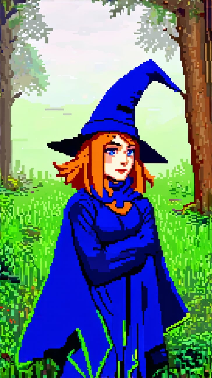 Pixel art macro shot, cinematic photo of harrp female witch in the forest with arms crossed wearing a blue pointy hat and orange hair and a blue cape and blue cloak , colorful, dark shot, film grain