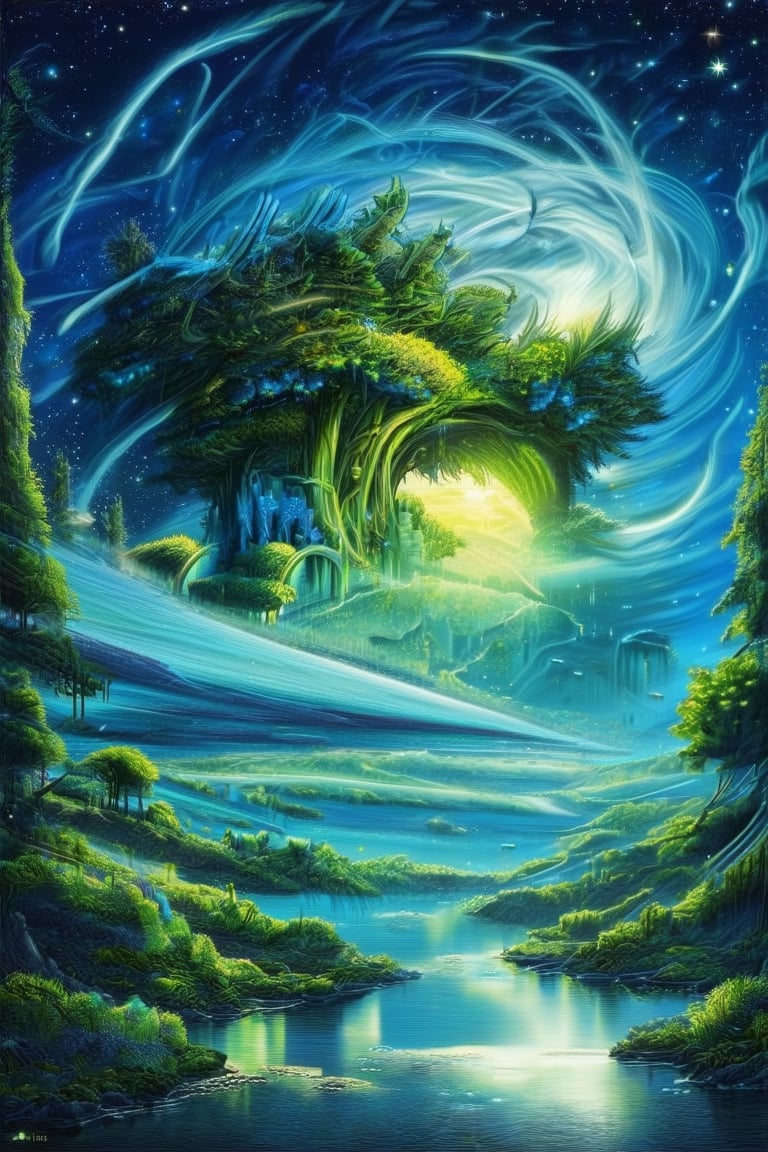 bright painting of a tree with stars in the sky, in the style of dreamlike fantasy creatures, multilayered dimensions, swirling vortexes, realistic color schemes, dark green and light blue