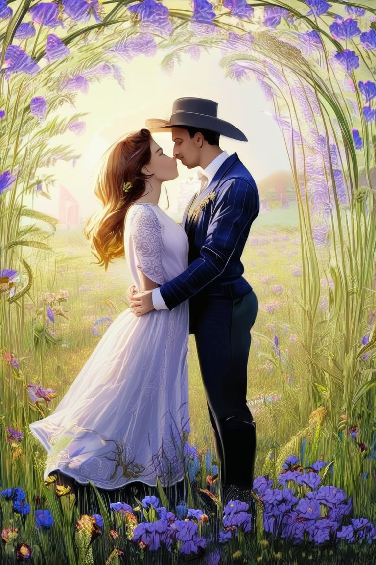 Romance illustration, a couple sharing a passionate kiss, romance book, Wild west, set against a blooming field of flowers and the gentle breeze