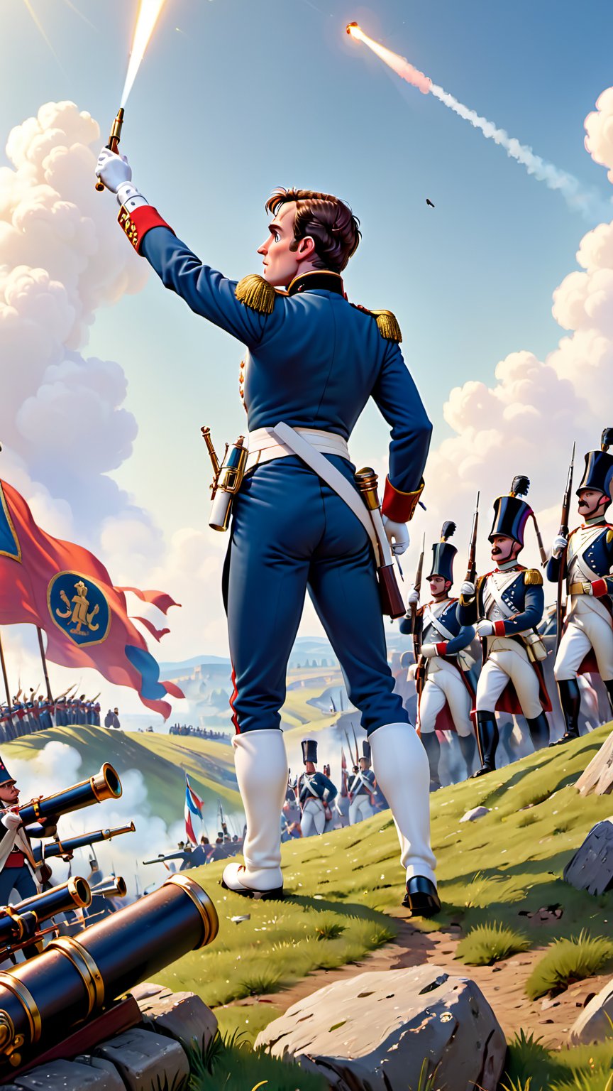 Highly detailed Image in the Pixar animation style of Napoleon Bonaparte standing atop a hill,  confidently directing his...