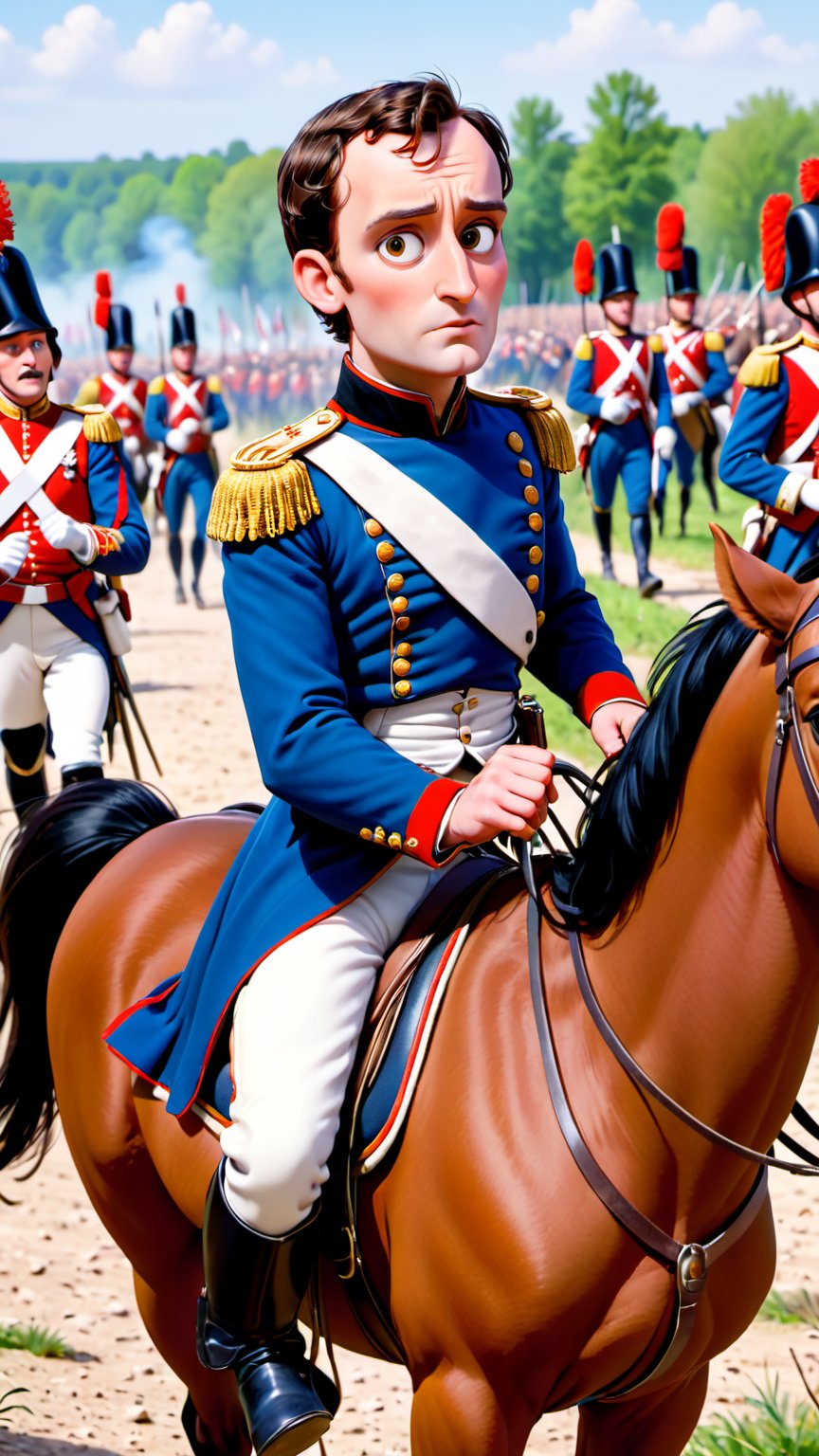 Highly detailed Image in the Pixar animation style of a male character named Napoleon. Napoleon is 51 years old,  from Fra...