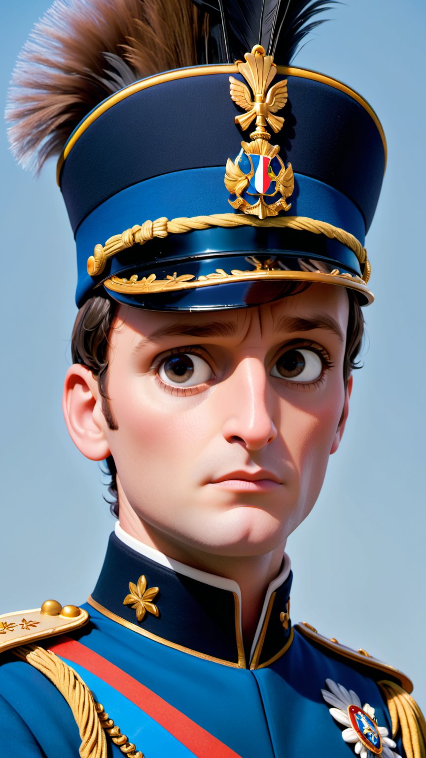Highly detailed Image in the Pixar animation style of a male character named Napoleon. Napoleon is 51 years old,  from Fra...