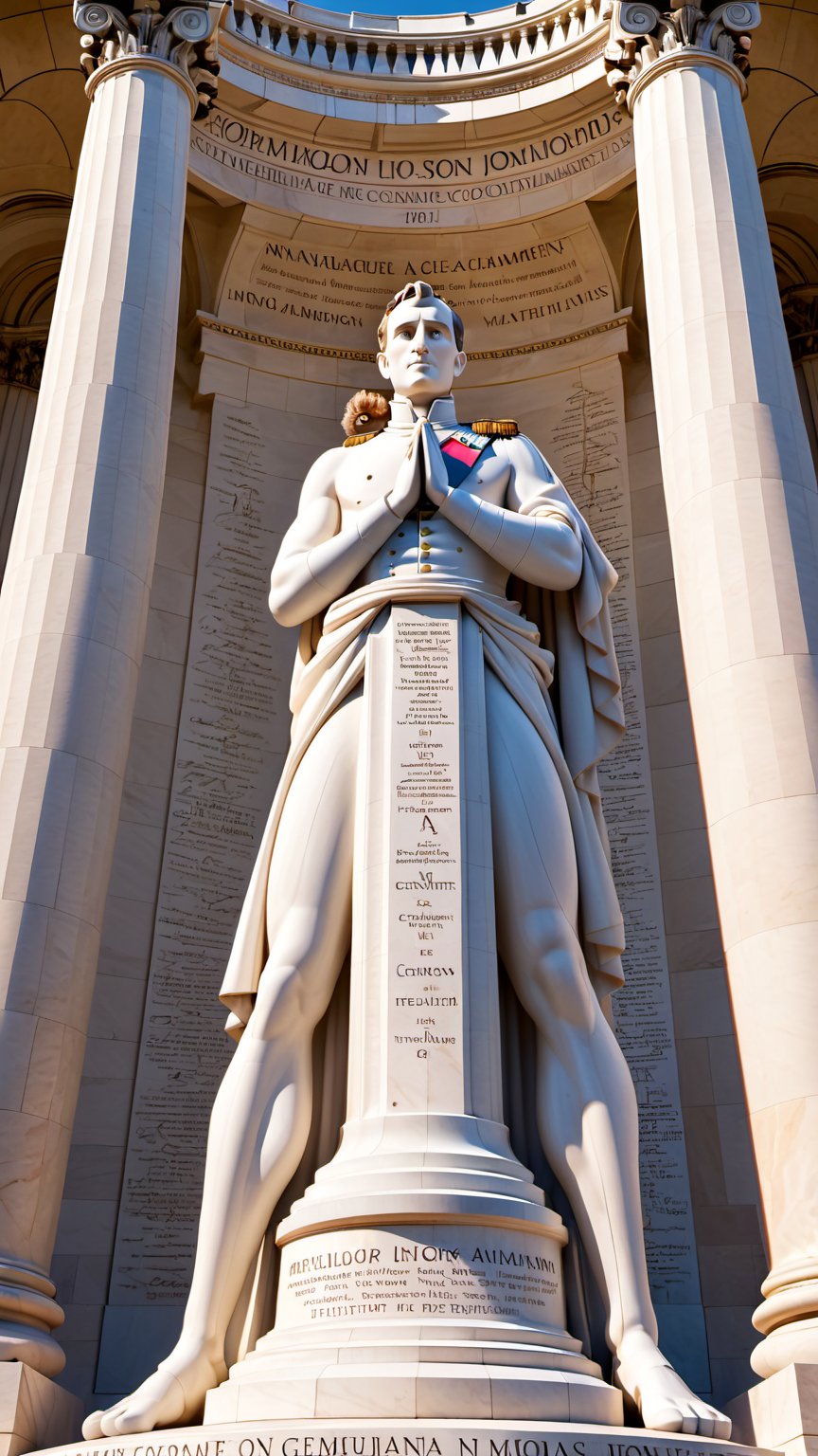 Highly detailed Image in the Pixar animation style of a grand monument dedicated to Napoleon,  adorned with inscriptions o...