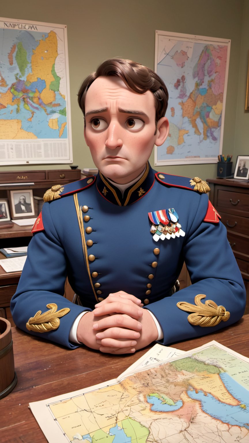 Highly detailed Image in the Pixar animation style of a male character named Napoleon. Napoleon is 51 years old,  from Fra...
