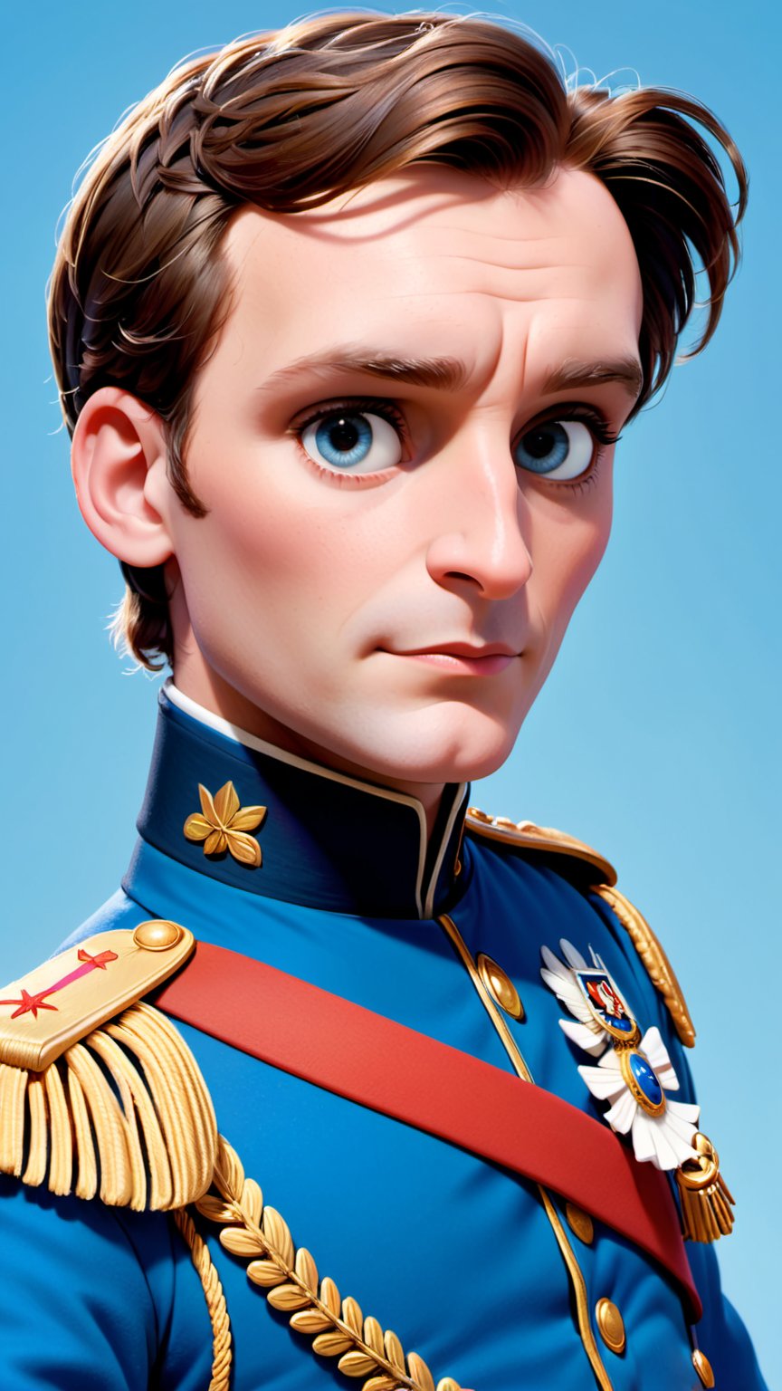 Highly detailed Image in the Pixar animation style of a male character named Napoleon. Napoleon is 51 years old,  from Fra...