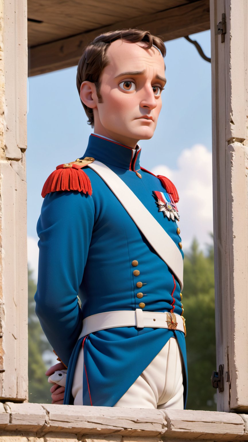 Highly detailed Image in the Pixar animation style of a male character named Napoleon. Napoleon is 51 years old,  from Fra...